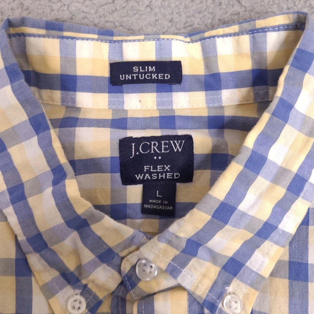 J Crew Shirt Mens Large Blue Yellow‎ White Slim Untucked Flex Washed Preppy